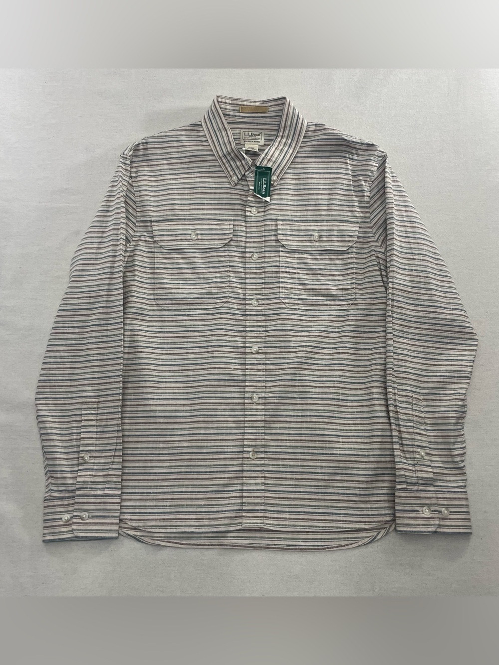 NWT LL Bean Stonecoast Hemp Shirt Button Down Striped Untucked Fit Mens Large